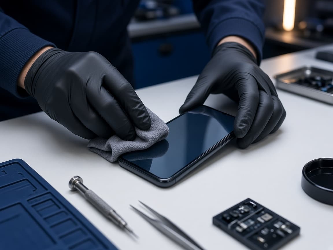 Technician inspecting a smartphone